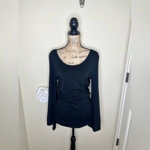 NTM: Boston Proper Solid Black Scoop Neckline Bell Sleeves Ruched Blouse Sz L